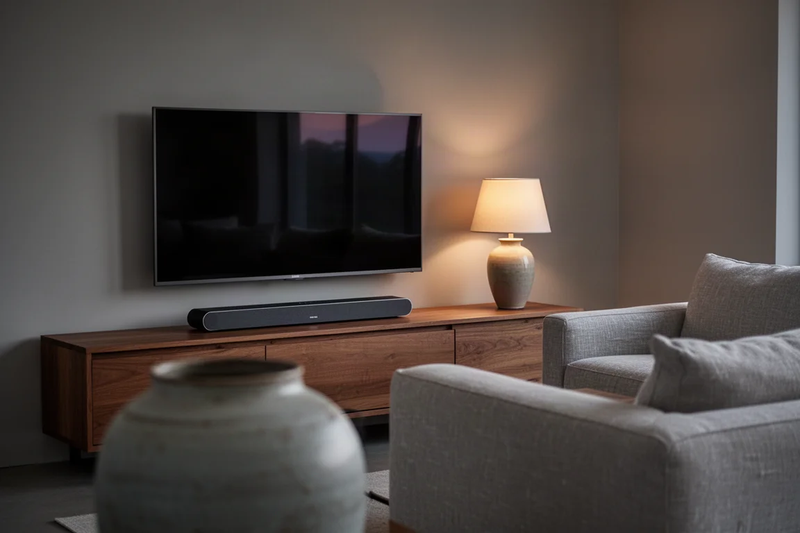 Låg soundbar på en mediamöbel i trä under en smal tv i ett skymningsljus vardagsrum