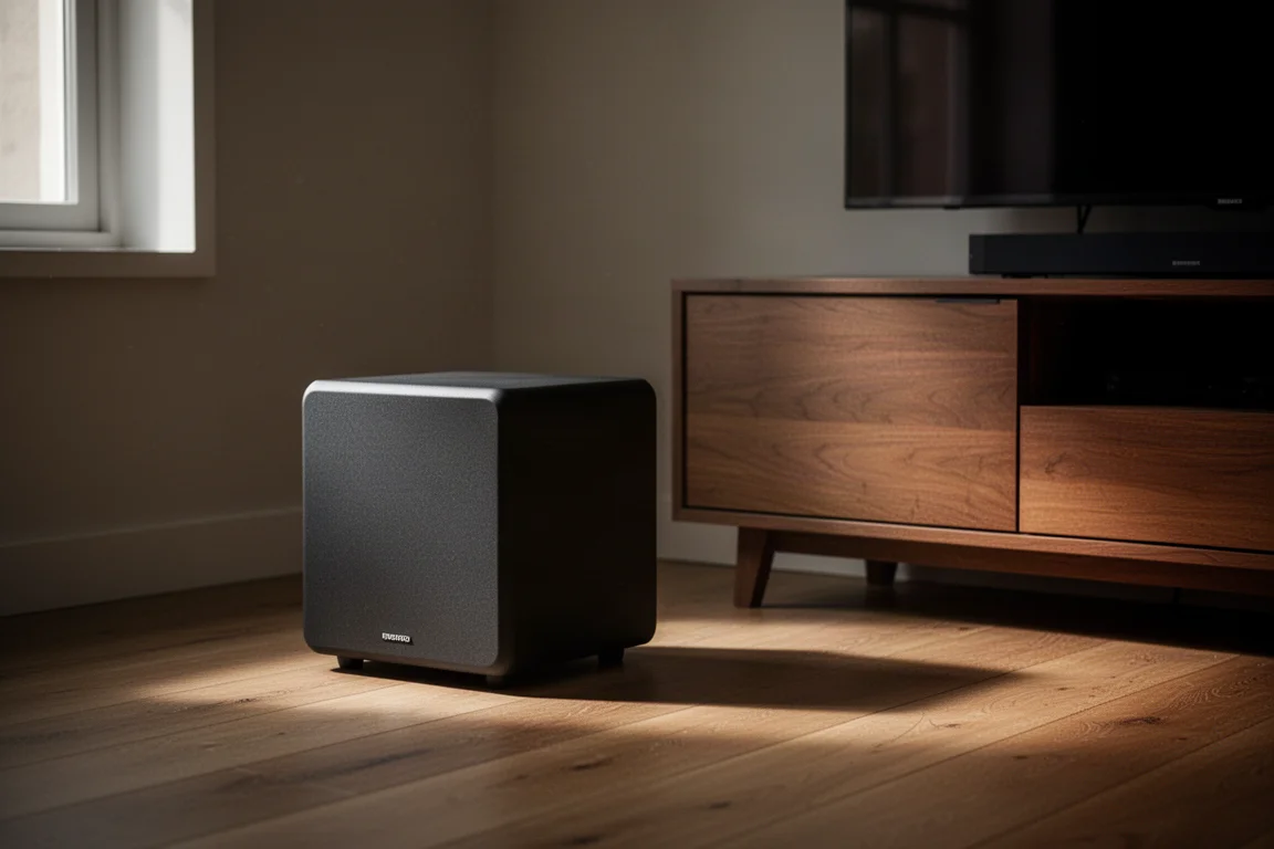 Kompakt matt subwoofer på ett trägolv bredvid en låg mediamöbel i ett dunkelt rum