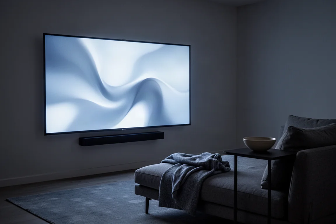 Dunkelt vardagsrum för filmkväll med en glödande tv och en låg soffa