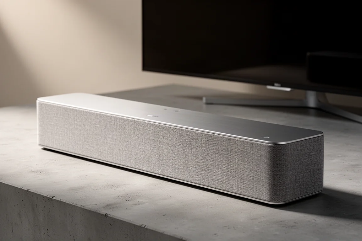 Wide fabric-wrapped soundbar with brushed metal top on a matte concrete surface