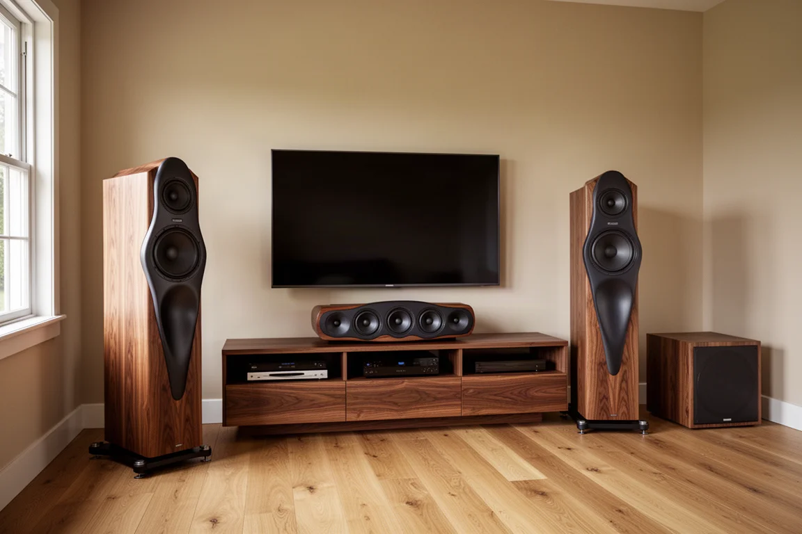 Floorstanding, centre channel and subwoofer speakers arranged in a bright modern listening room