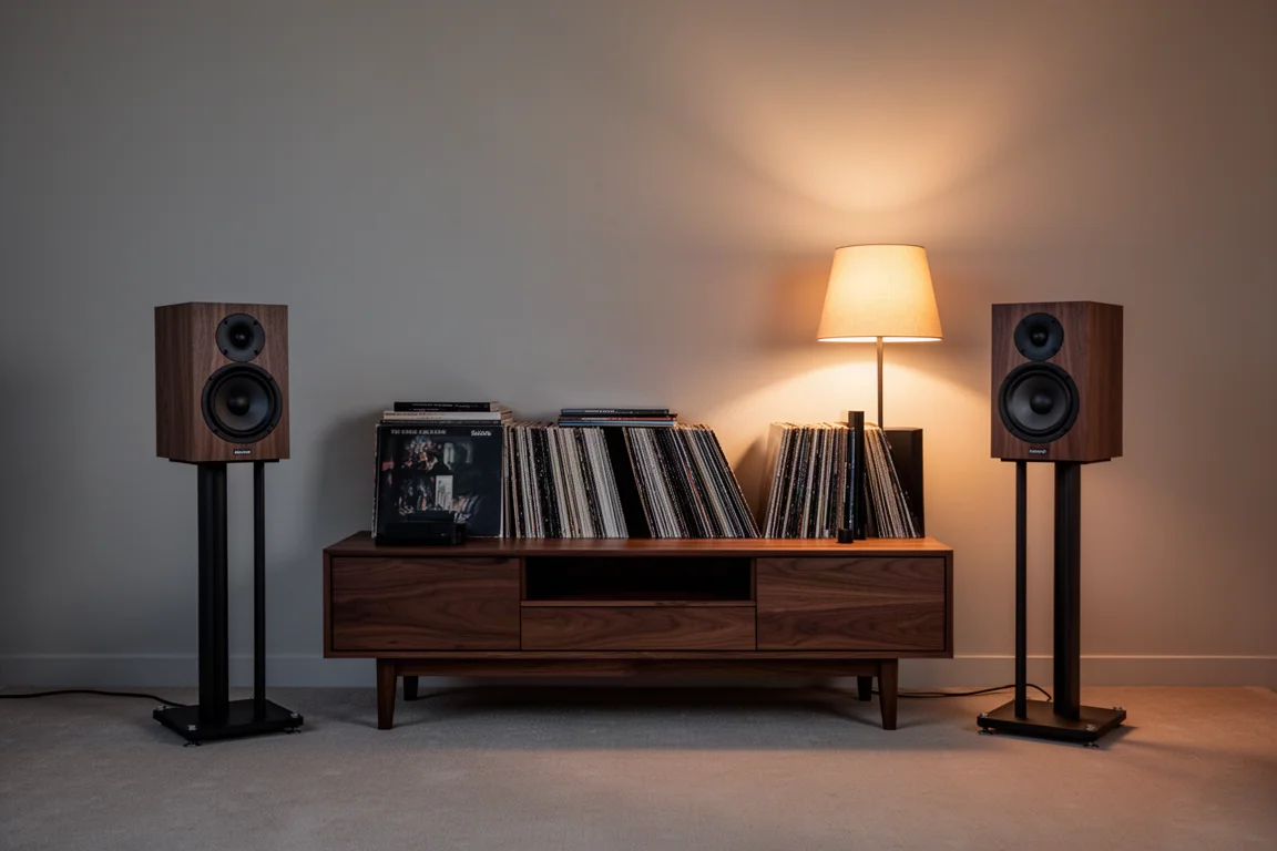 Dos altavoces de estantería compactos sobre soportes en una cálida sala de escucha con discos en una estantería