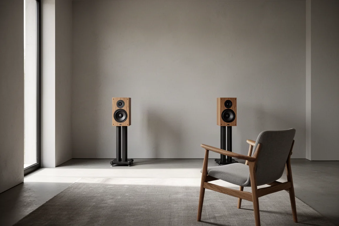 Sala de escucha con los altavoces muy separados de la pared situada detrás de ellos