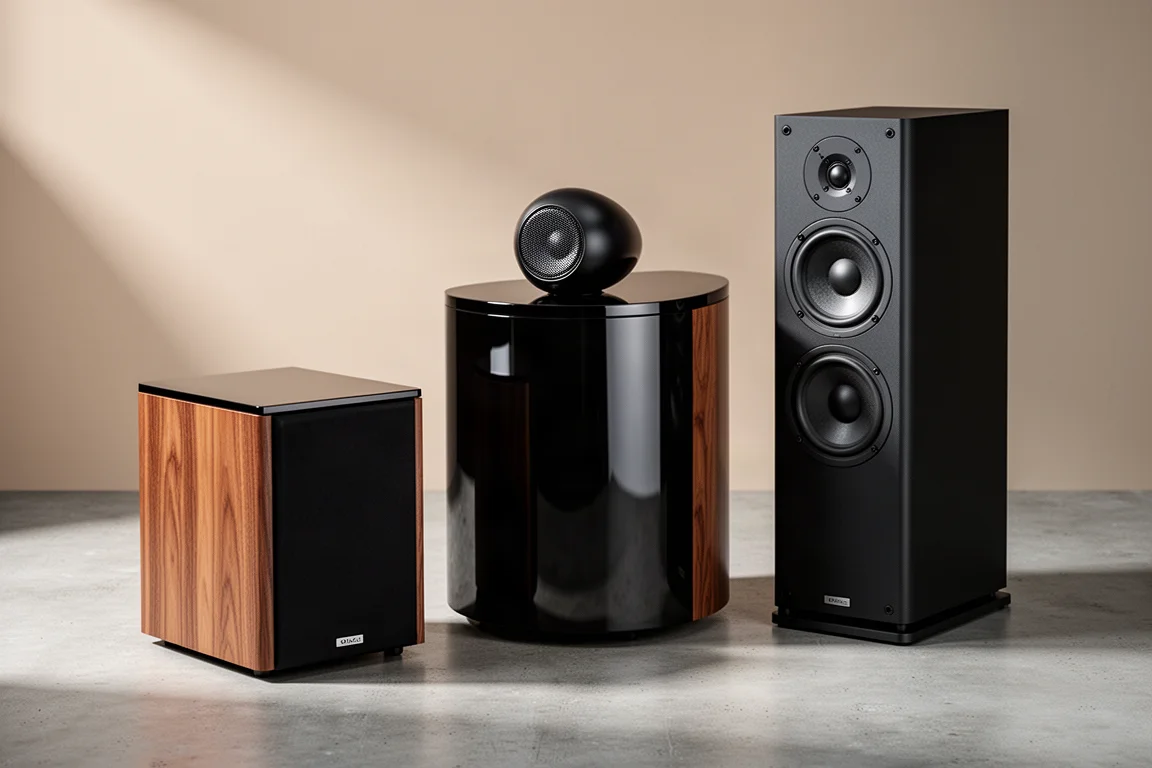 Three premium bookshelf loudspeakers arranged on a concrete surface in soft studio light