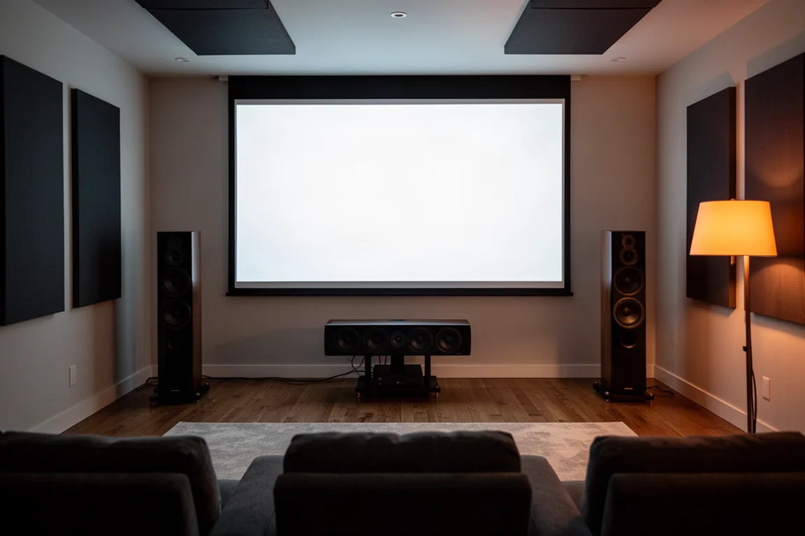 Dim home theater room with a lit screen, a center channel and two tall tower speakers