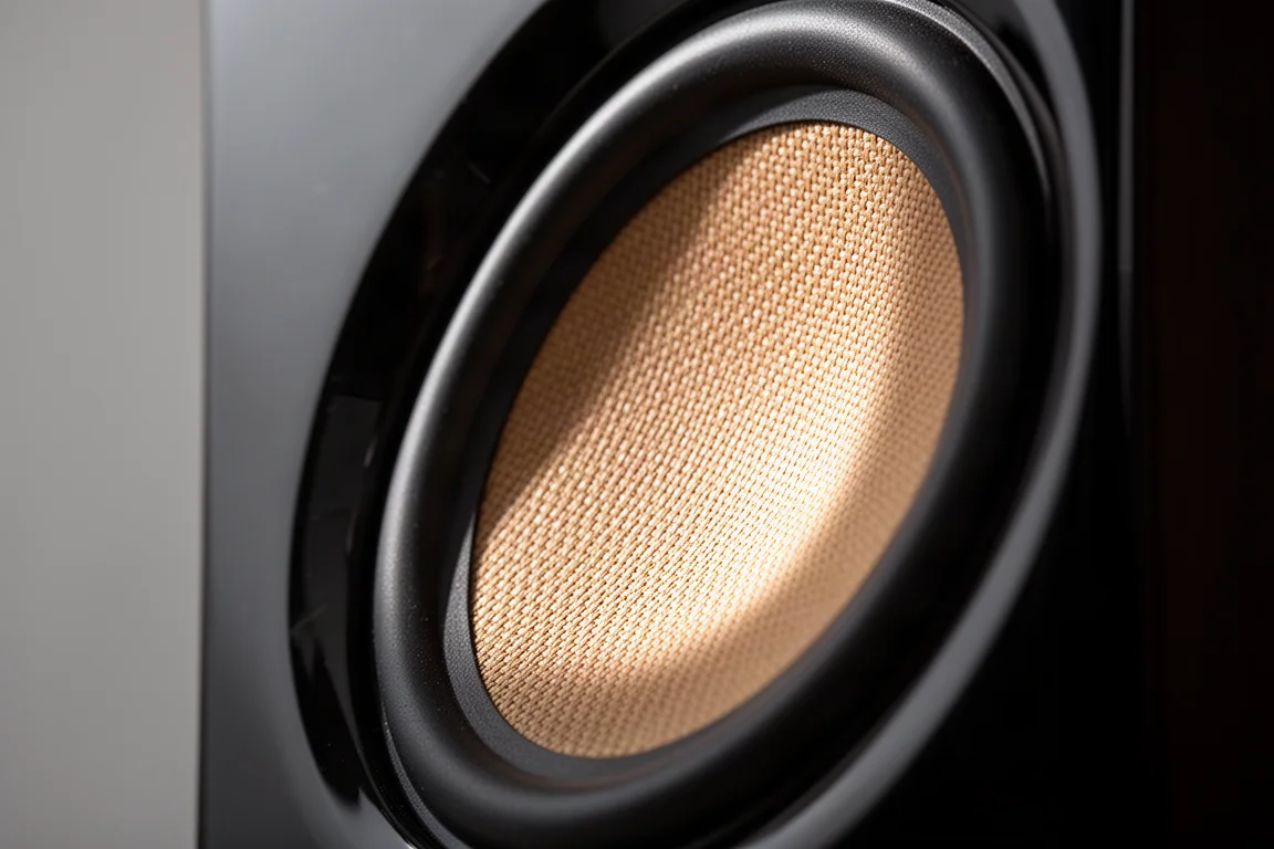 Close-up of a woven flax fibre speaker cone set into a dark gloss baffle