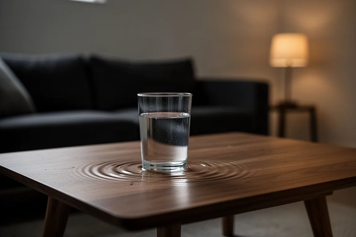 Ripples spreading across a glass of water on a coffee table in a dark living room