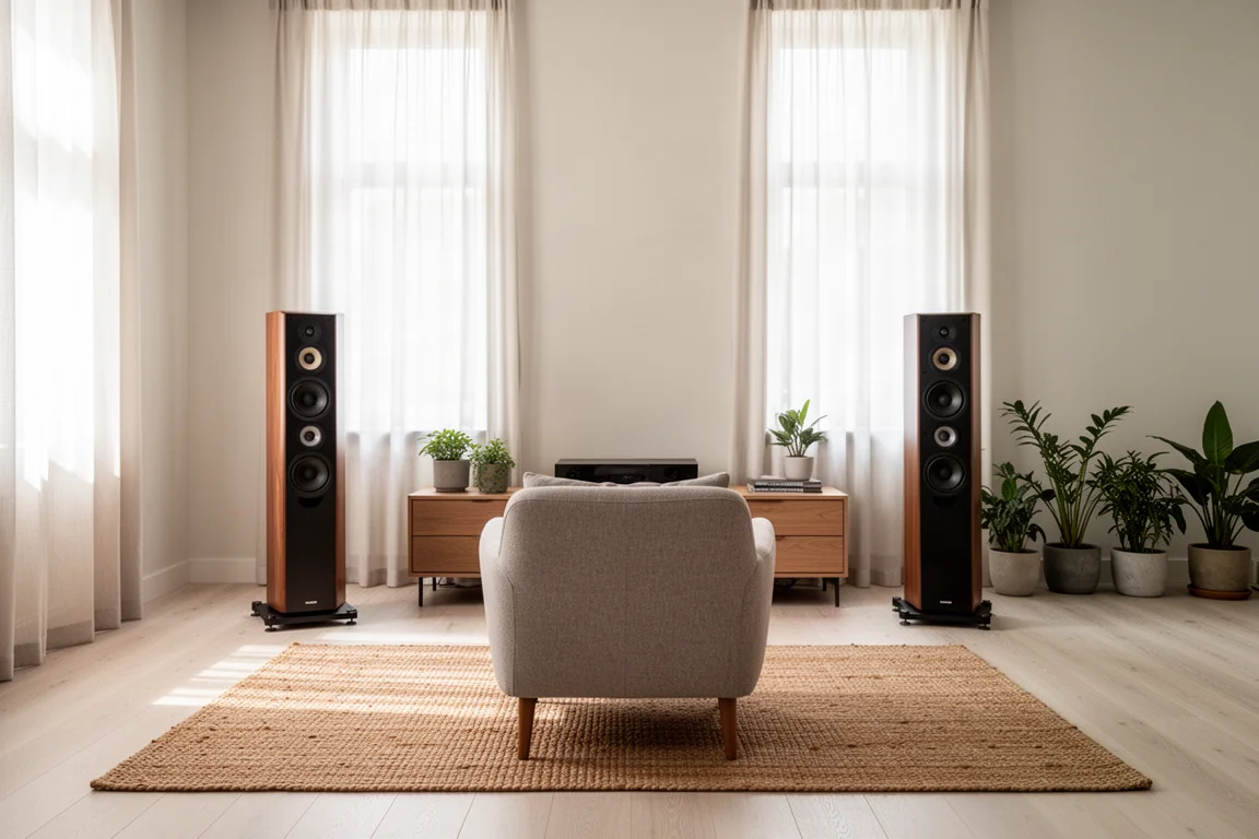 Domestic listening room with two tall floorstanding speakers beside a window and armchair