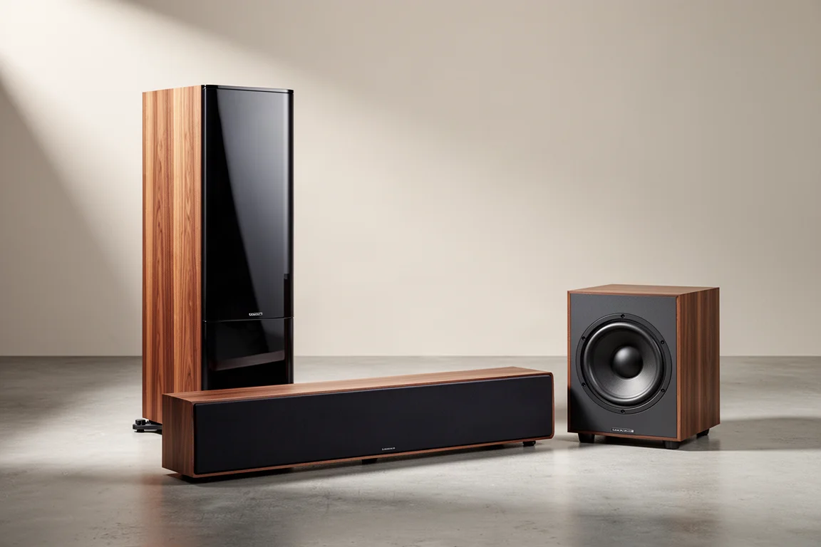 Three Focal Kanta speakers, a tower, a center channel and a subwoofer, on a concrete floor