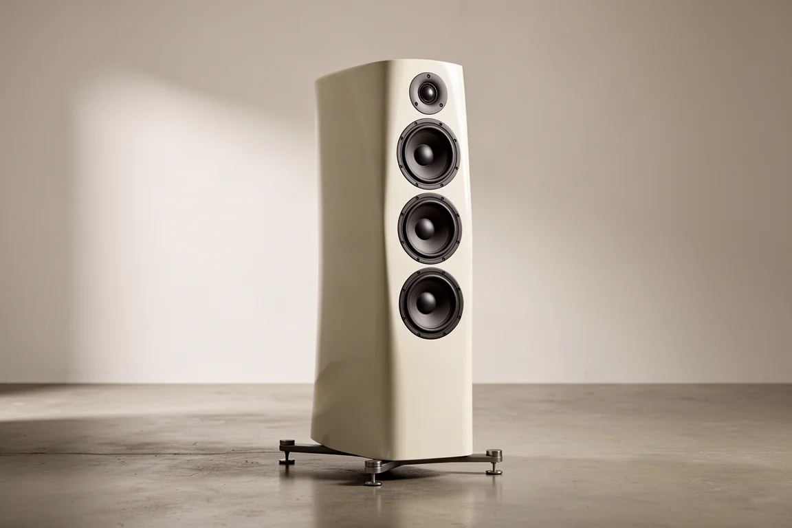 Pale contoured floorstanding speaker with three drivers on a dark outrigger base