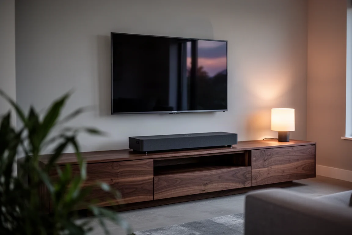 Wall-mounted TV above a deep walnut cabinet holding a wide low audio system