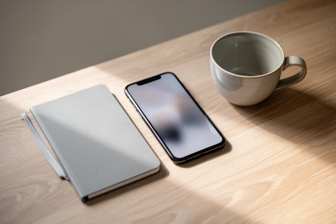 Overhead flat-lay of a smartphone and notebook on a pale oak desk
