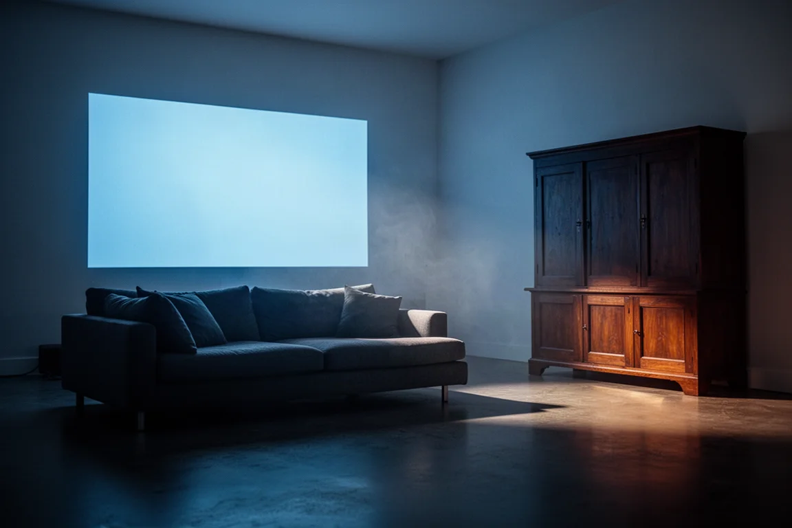 Dim living room lit by screen glow during a film scene