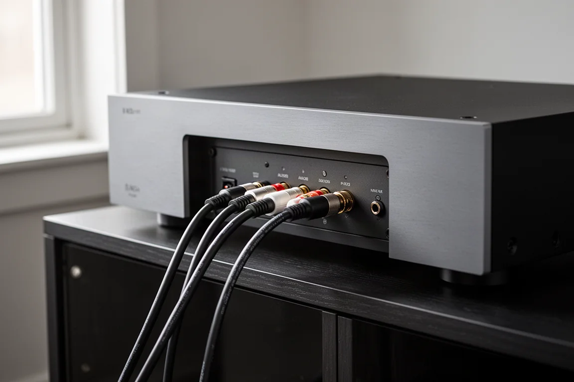 Close-up of HDMI and RCA cables entering the rear of an aluminium audio chassis