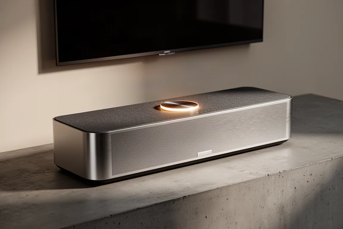 Wide aluminium all-in-one home audio system on concrete beneath a wall-mounted TV