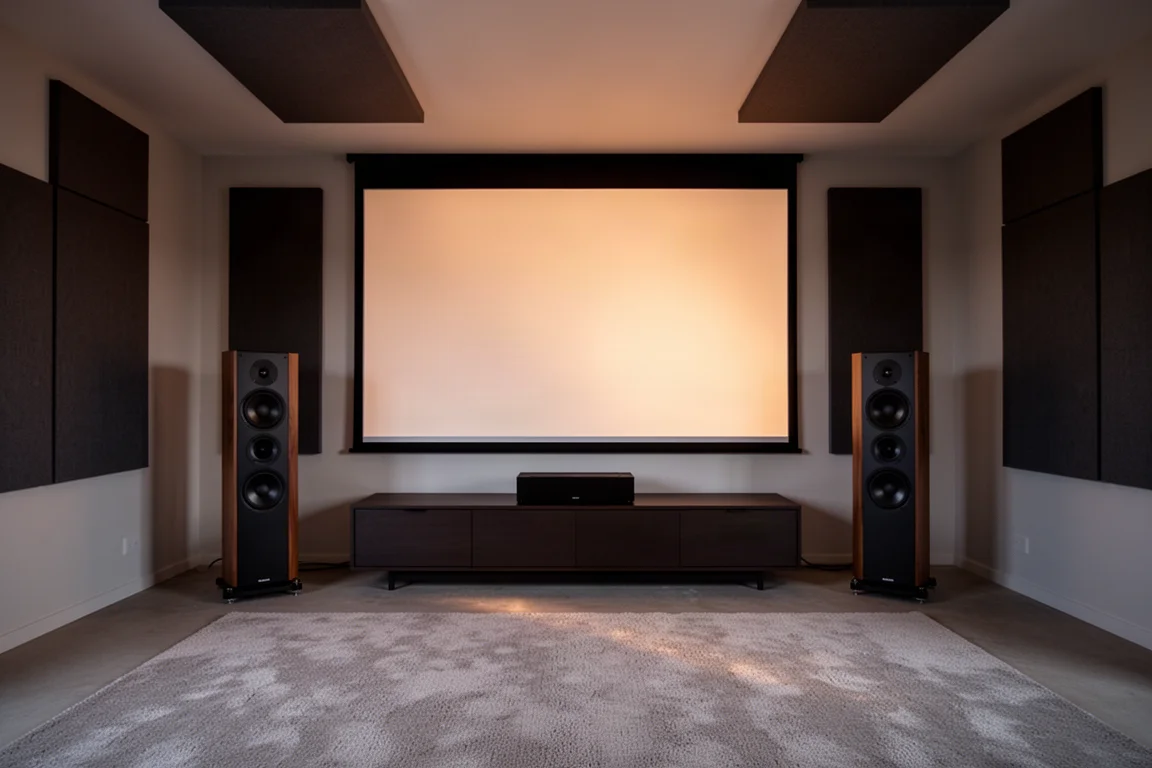 Ampia sala multimediale con torri da pavimento ai lati di uno schermo per proiezione