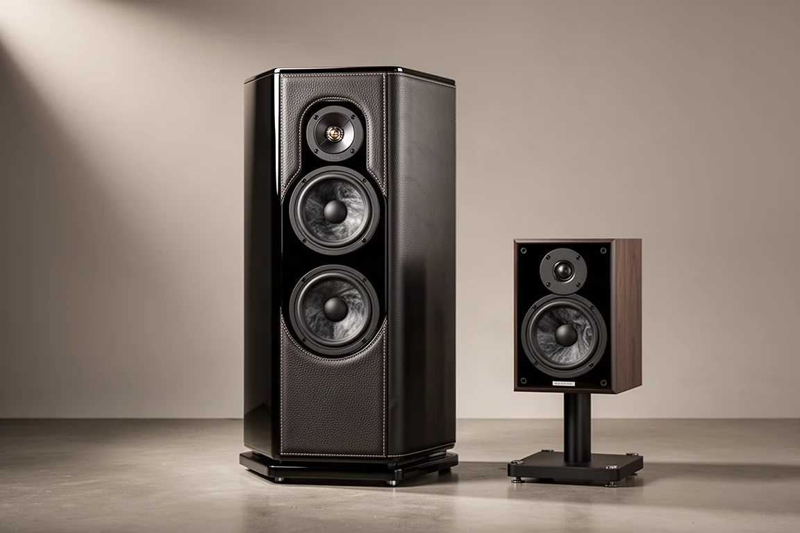 Glossy black floorstanding and bookshelf speakers with leather-textured baffles on concrete
