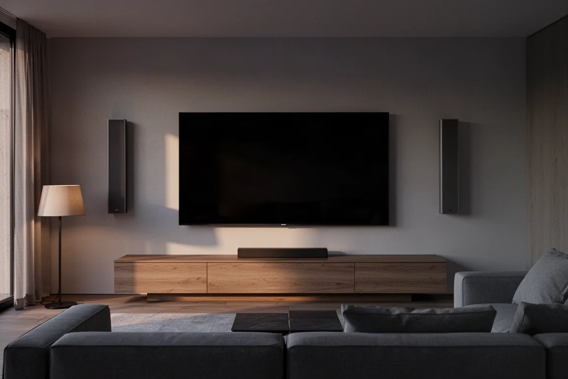 Wohnzimmer in der Dämmerung mit schlanken Wandlautsprechern, die einen großen wandmontierten Bildschirm flankieren