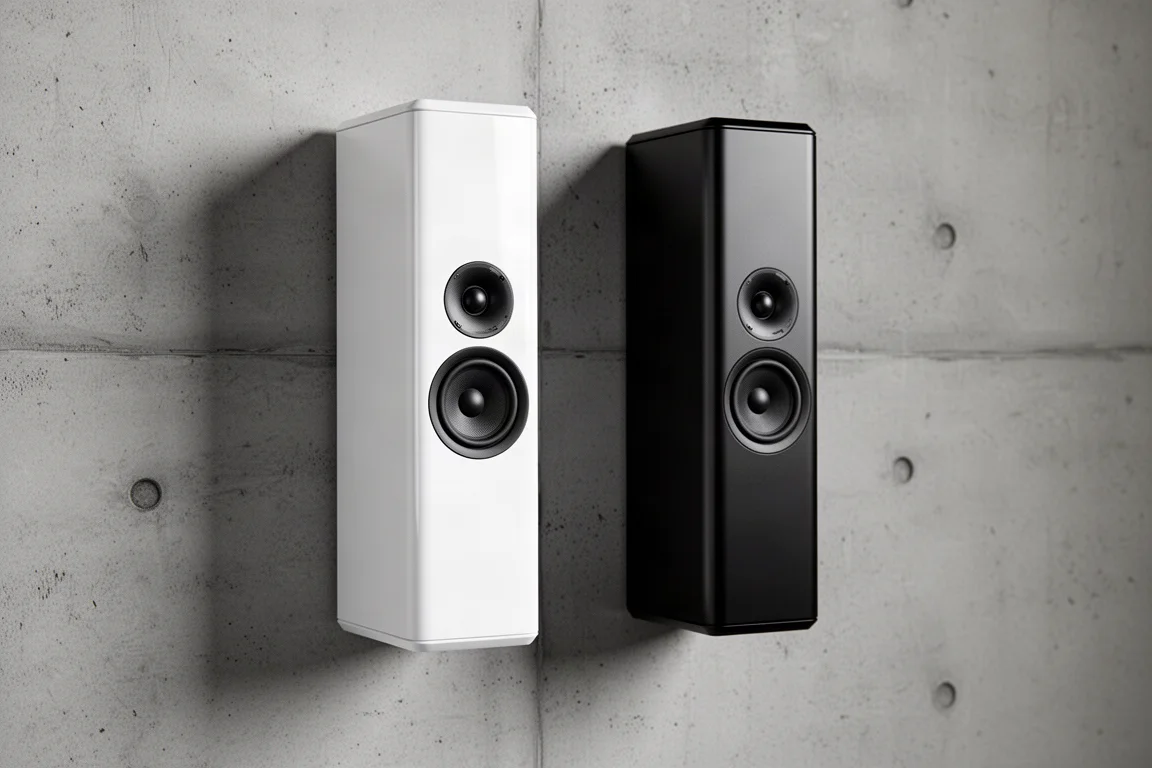 Two slim wall speakers, one white gloss and one satin black, mounted on a concrete wall