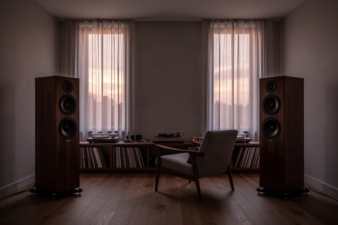 Sala de escucha de alta gama al atardecer con dos altavoces de torre altos y un sillón