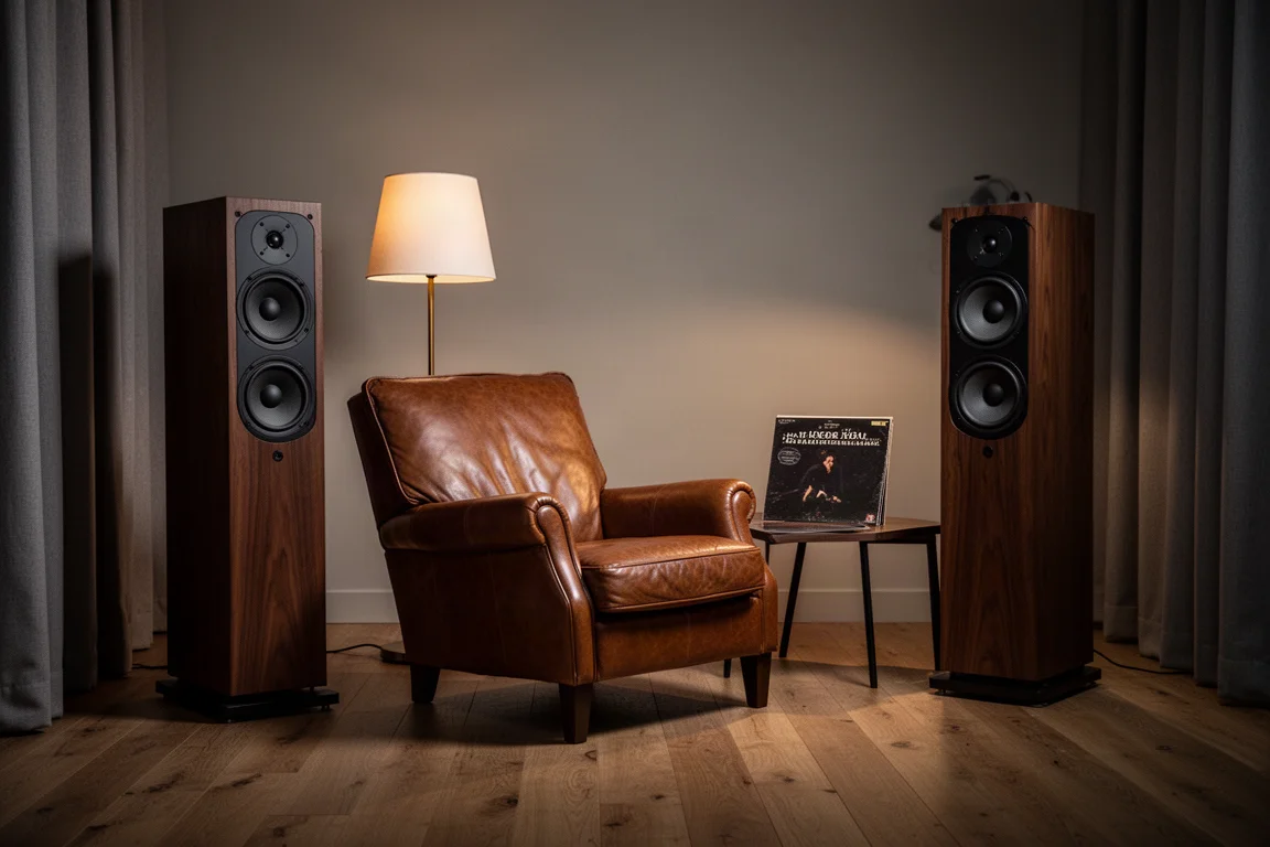 Sillón de cuero entre dos altavoces de torre en una sala de escucha nocturna con luz suave