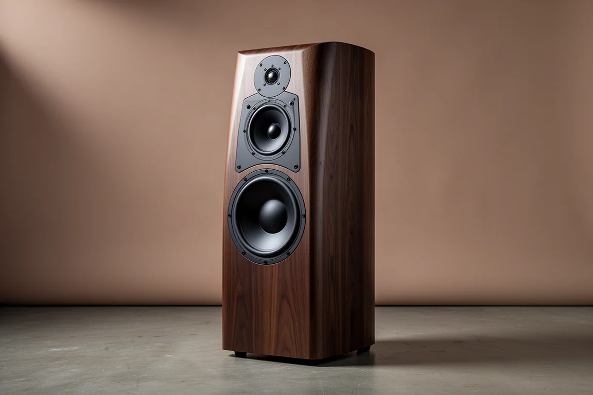 Tall three-way floorstanding loudspeaker with curved baffle on a matte concrete floor
