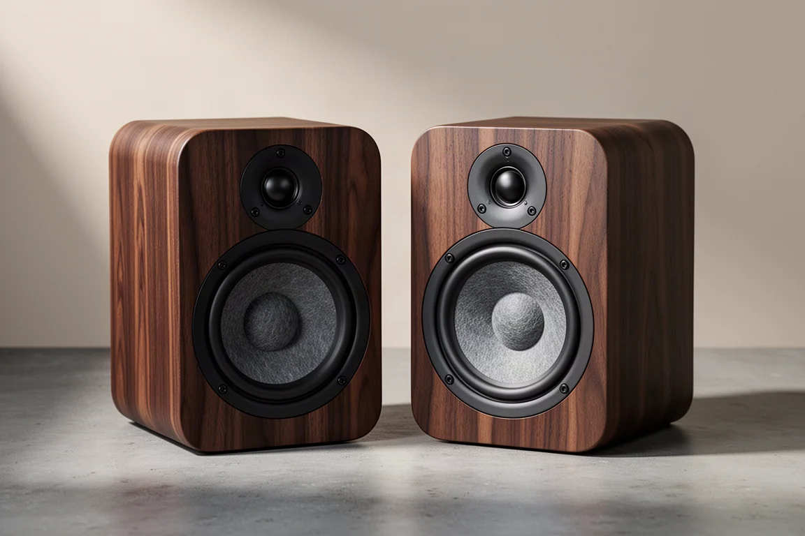 Focal Theva No.1 stand-mount speaker with pale wood cabinet on a concrete surface