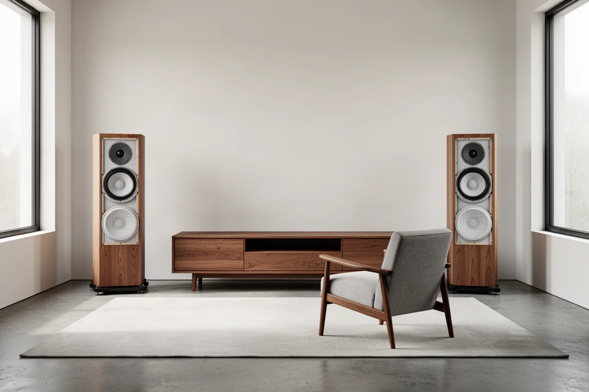Minimal listening room with two floorstanding speakers on either side of a low media console