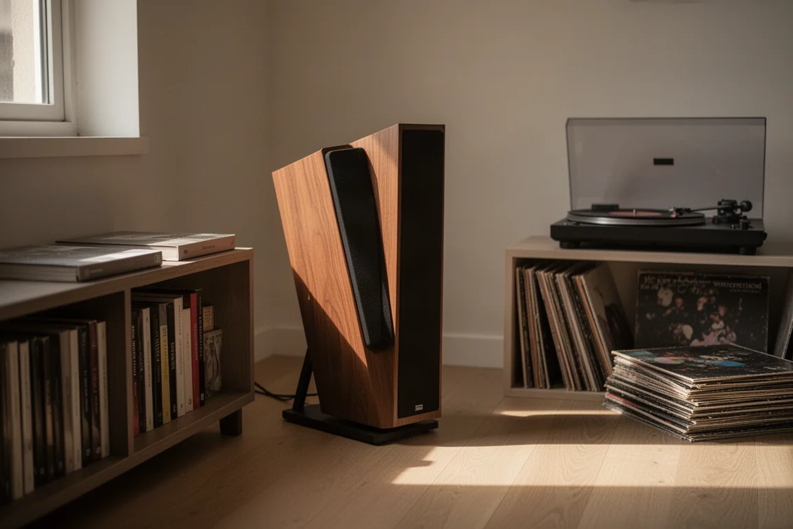 Compact tower speaker in a small apartment living space beside a low bookshelf and record player