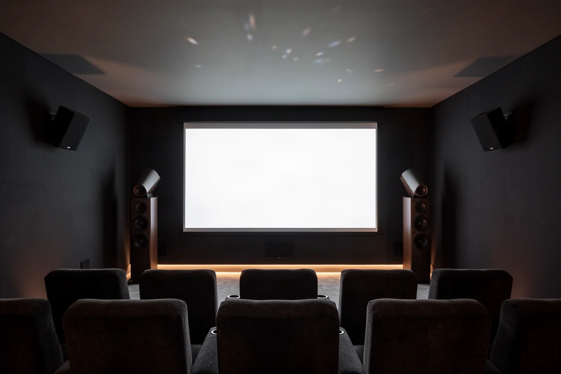 Dimmed home theater room with towers topped by angled height modules and a glowing screen