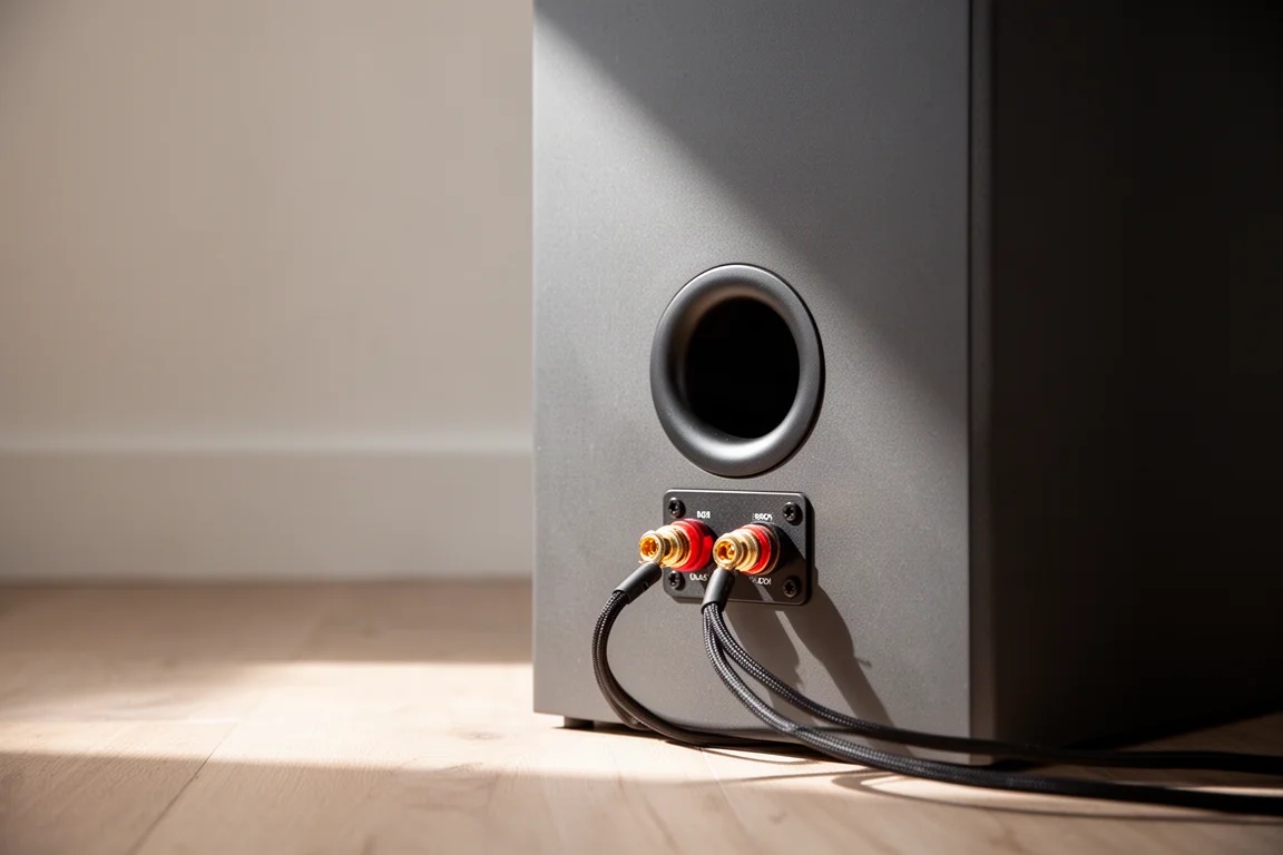 Rear detail of a floorstanding speaker showing a circular port and speaker terminals away from a wall