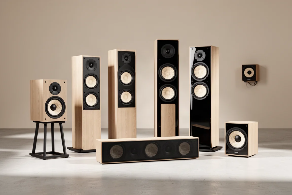 Six Focal Theva speakers arranged in an arc on a pale concrete floor