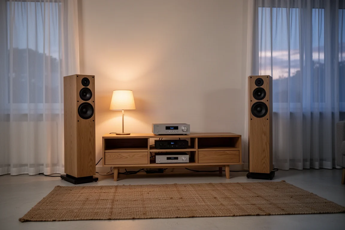 Kompaktes Hör-Setup mit zwei auf Ständern montierten Regallautsprechern in einem warmen Wohnzimmer