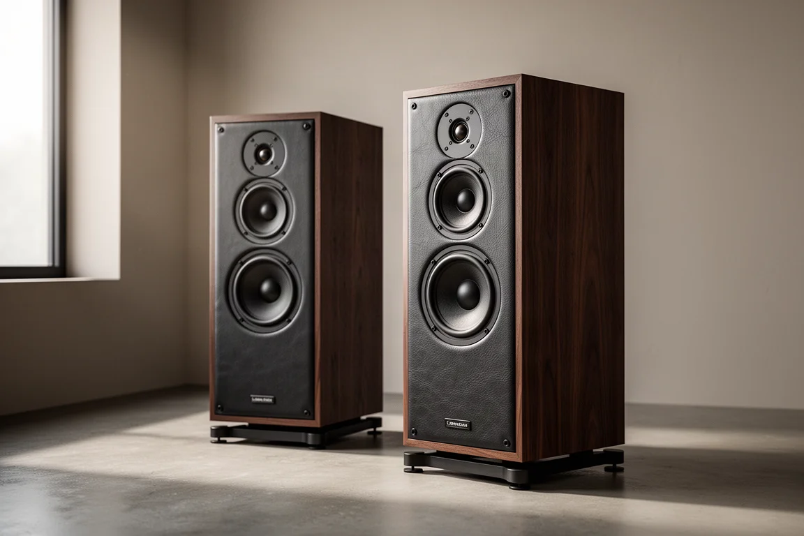 Pair of two-way bookshelf speakers with dark wood side panels on stands in a listening room