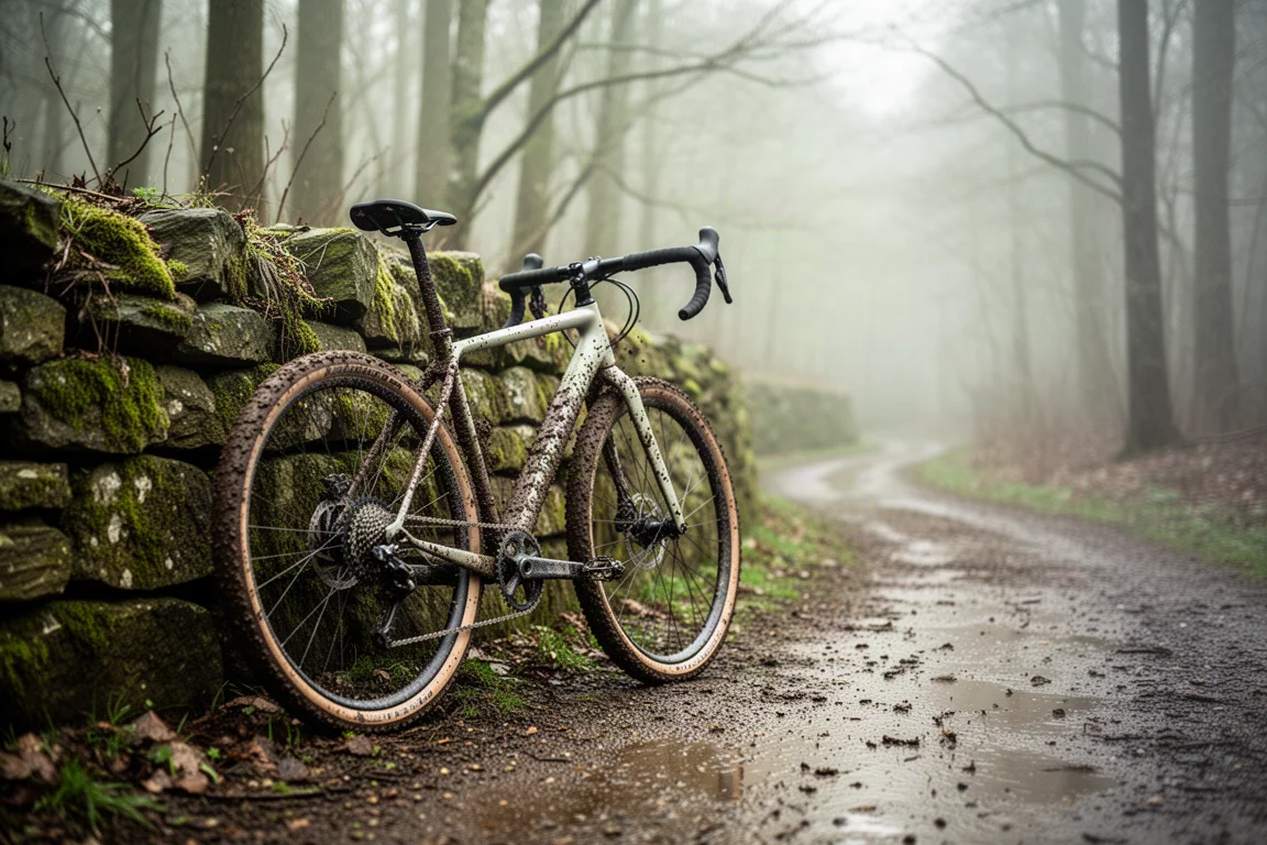 Bici gravel carica con borse da telaio parcheggiata su una larga strada sterrata nell'ora d'oro