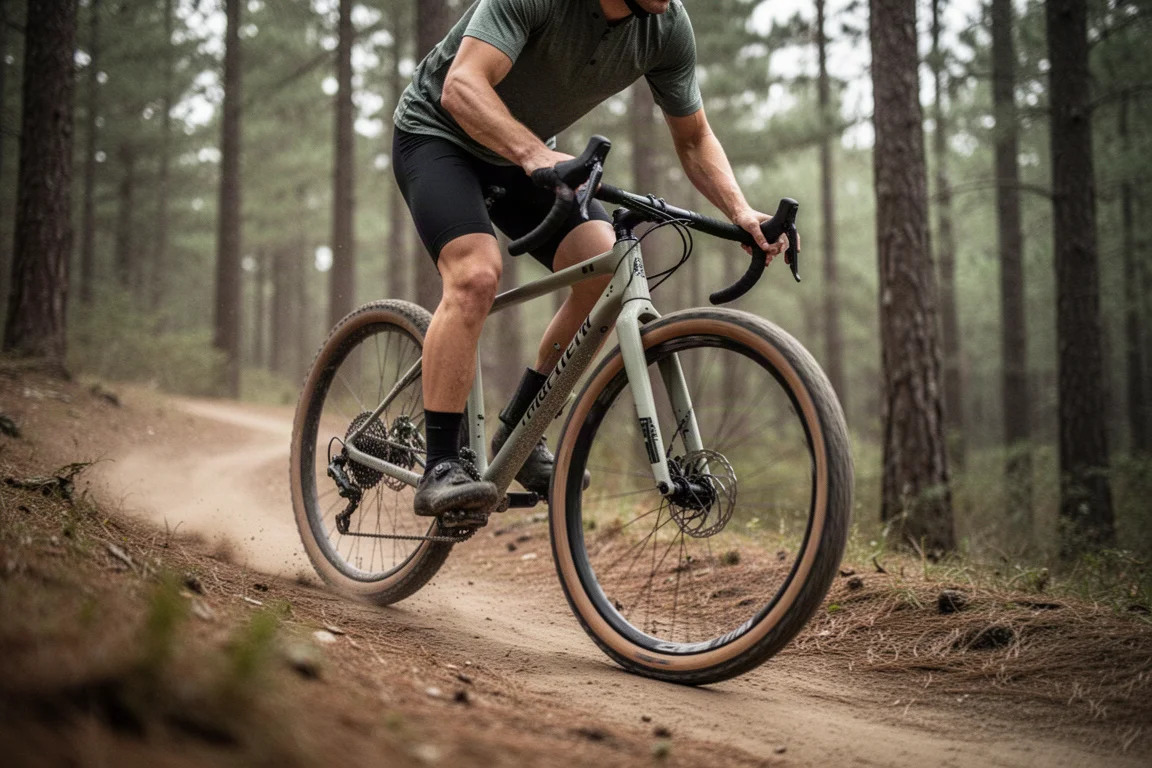 Primo piano di un manubrio drop flared poco svasato e nastro manubrio su una bici gravel