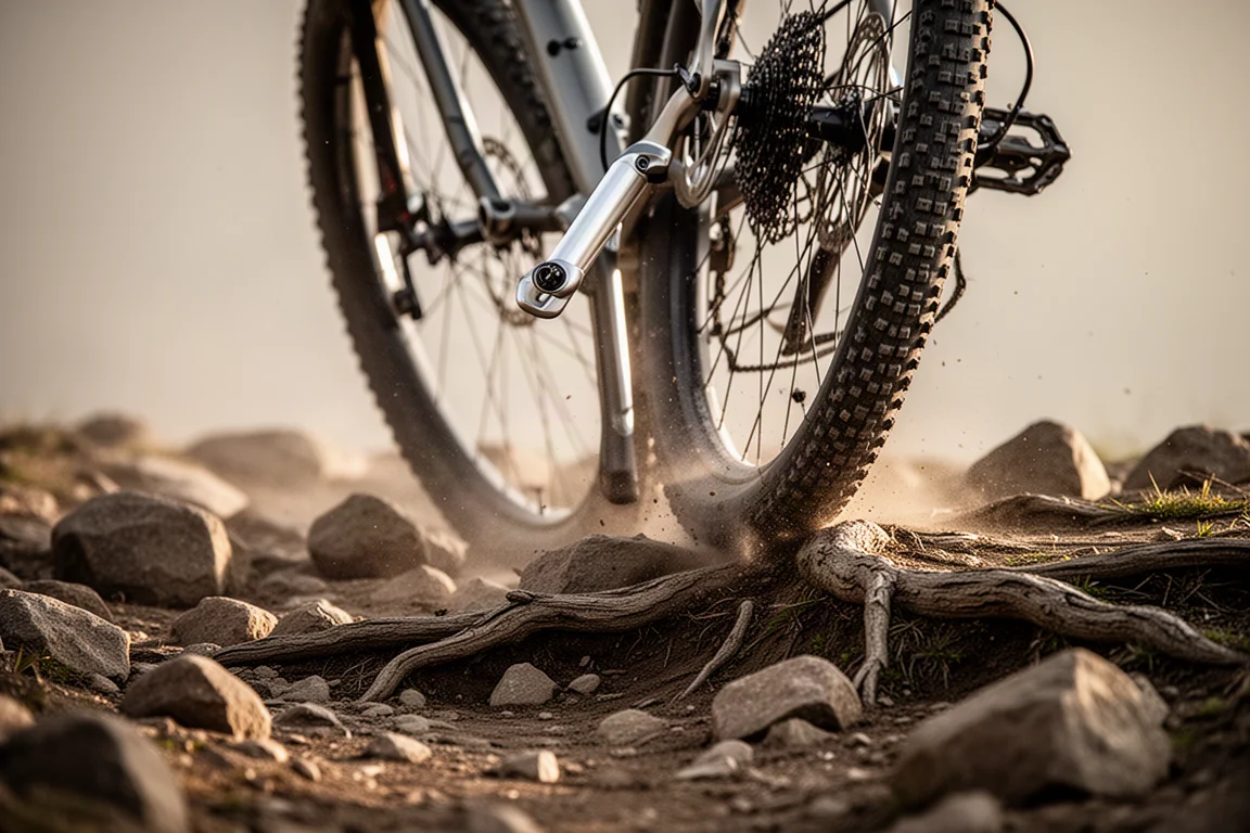 Ruota di bici gravel che scorre su singletrack roccioso coperto di radici con schizzi di fango
