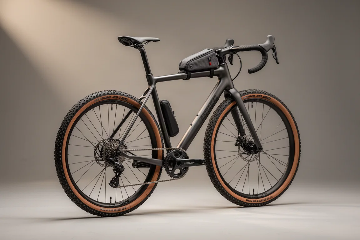 Carbon gravelfiets met flared dropbar, 45mm banden en bovenbuistas op beton