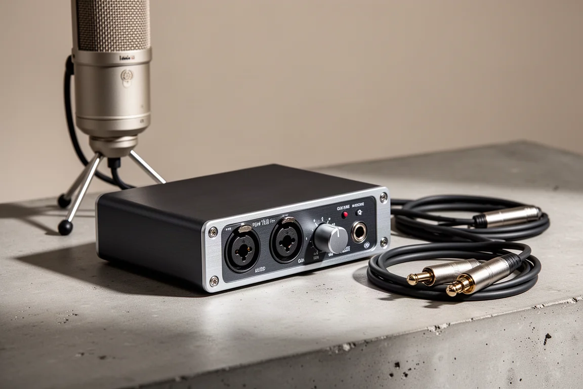 Desktop USB audio interface beside a condenser microphone and coiled XLR cable on concrete