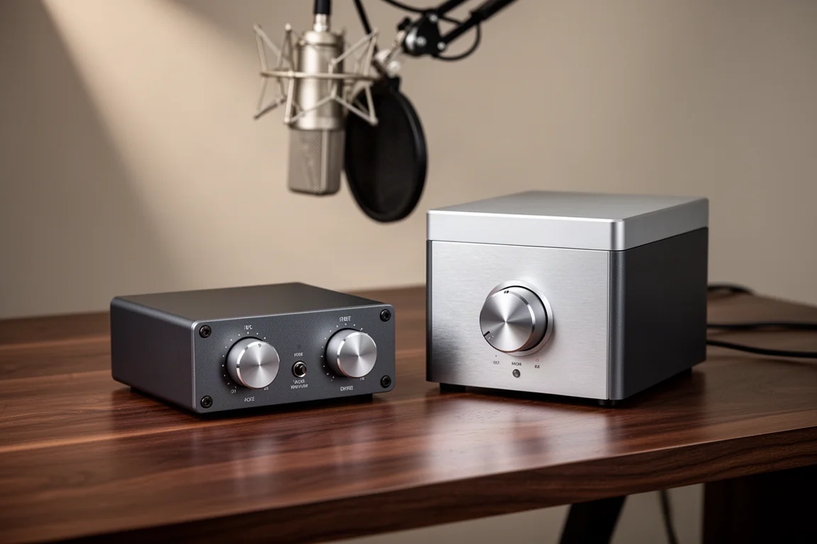 Two desktop audio interfaces side by side on a walnut studio desk with a microphone behind