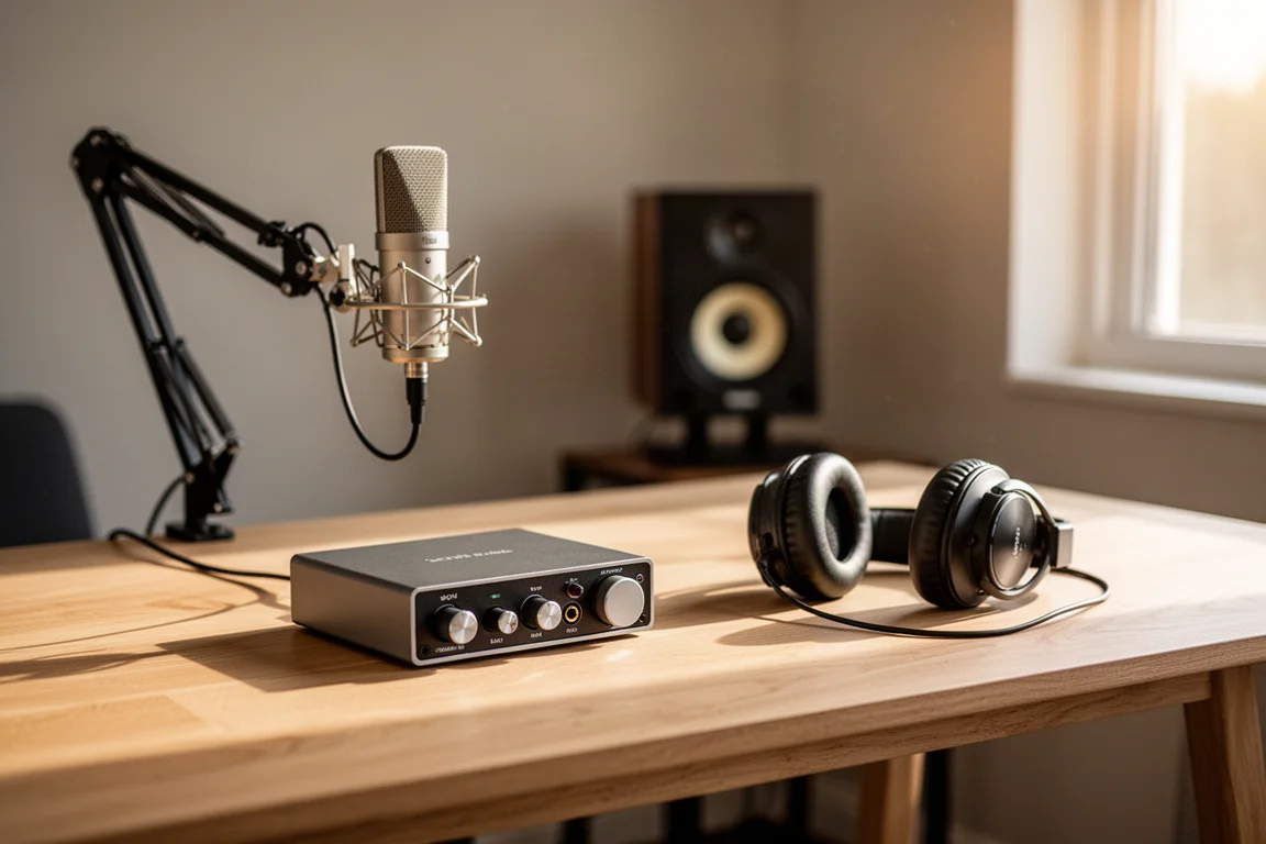 Scrivania di home studio con un'interfaccia audio compatta, microfono su braccio e cuffie in una morbida luce di finestra