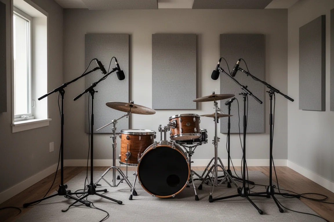 Batteria in una sala studio trattata con quattro microfoni su aste sotto una luce diurna soffusa