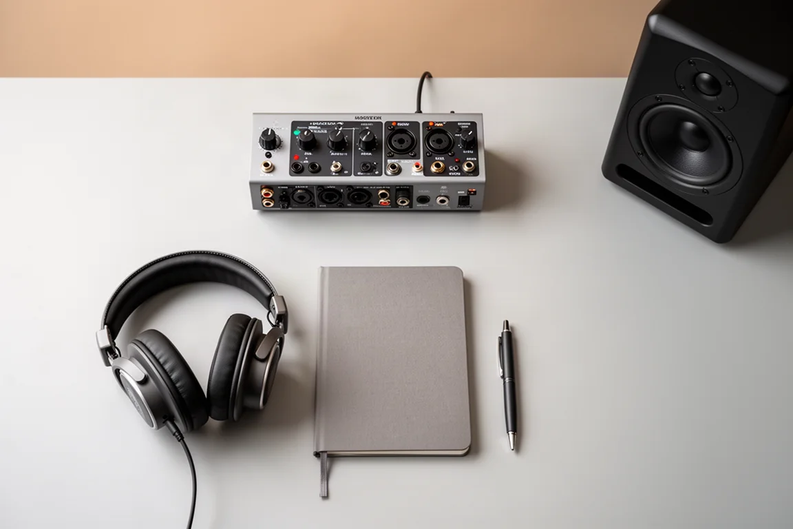 Vista dall'alto di una scrivania di home studio con interfaccia audio, cuffie, quaderno e monitor
