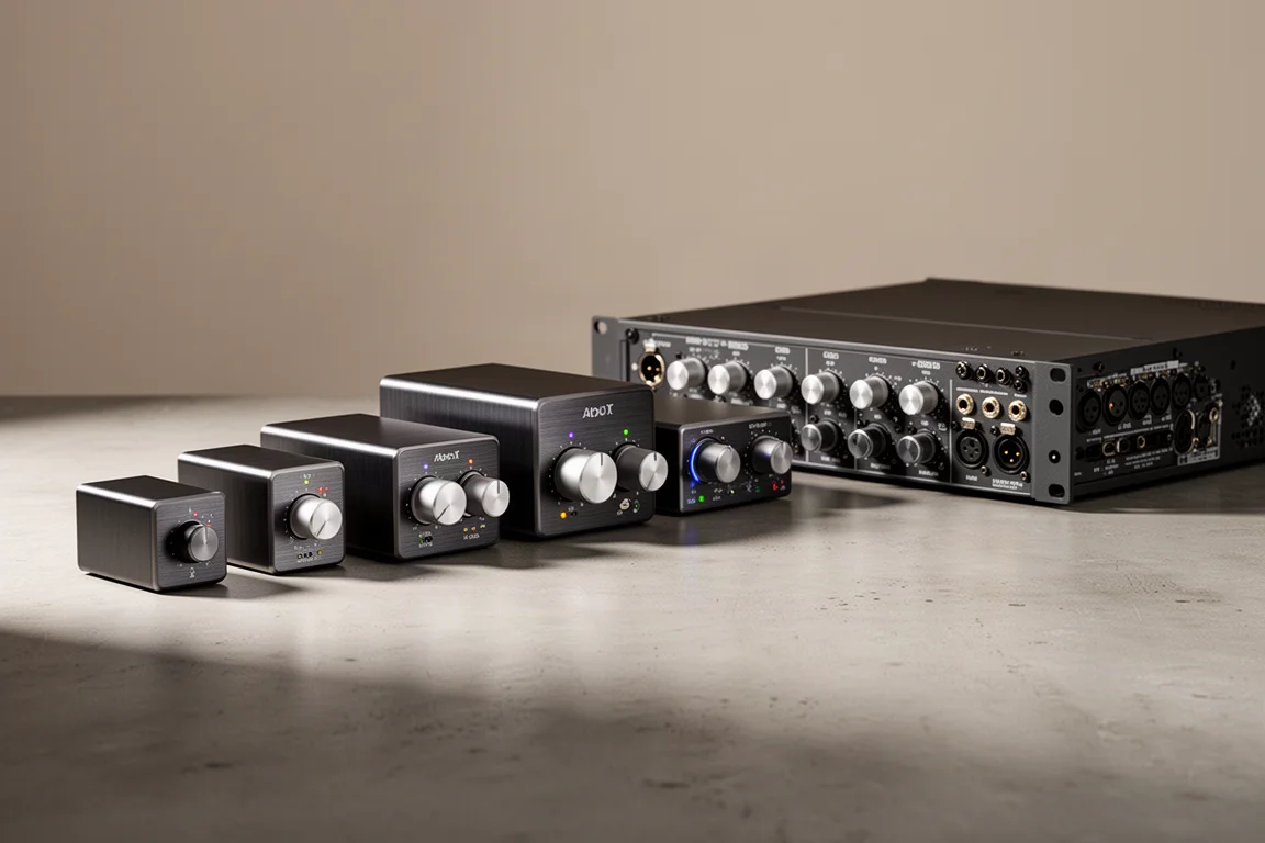 Six desktop audio interfaces of increasing size arranged in a row on a matte concrete surface