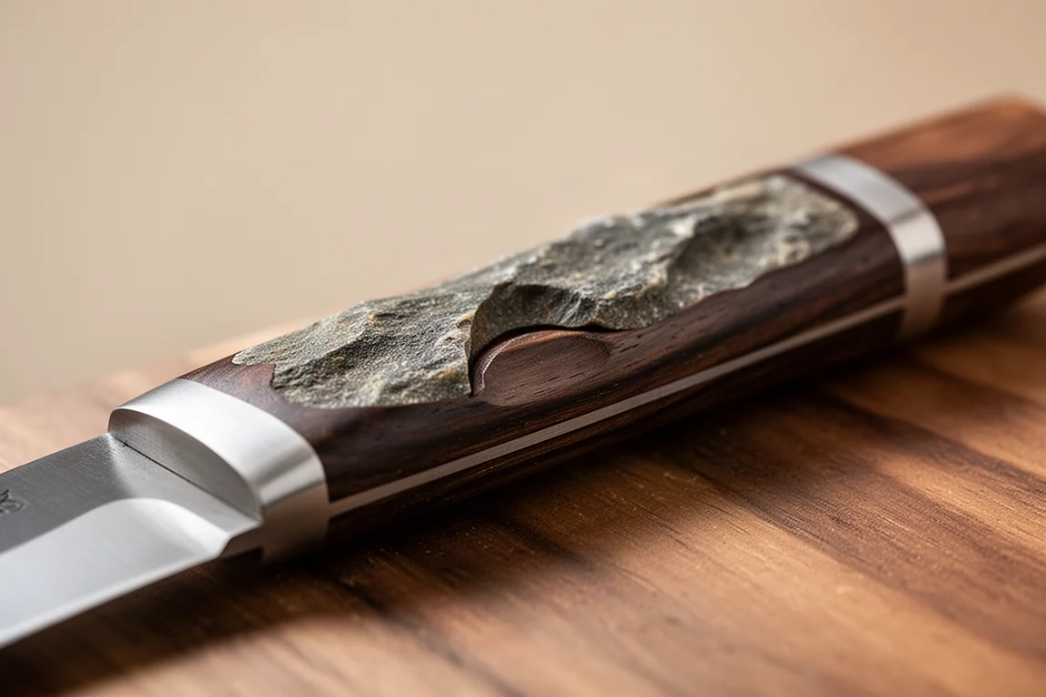 Honesuki knife handle detail showing wood texture and bolster cap