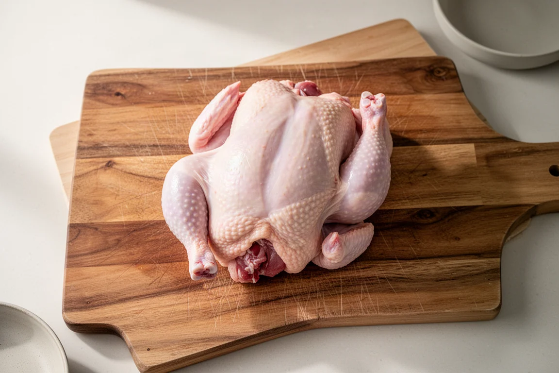 Raw whole chicken on a wooden cutting board prepared for butchery