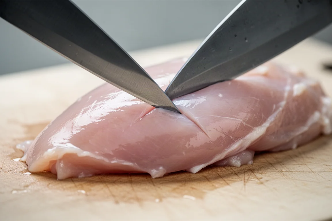 Close-up of a knife tip making a precise cut near chicken skin