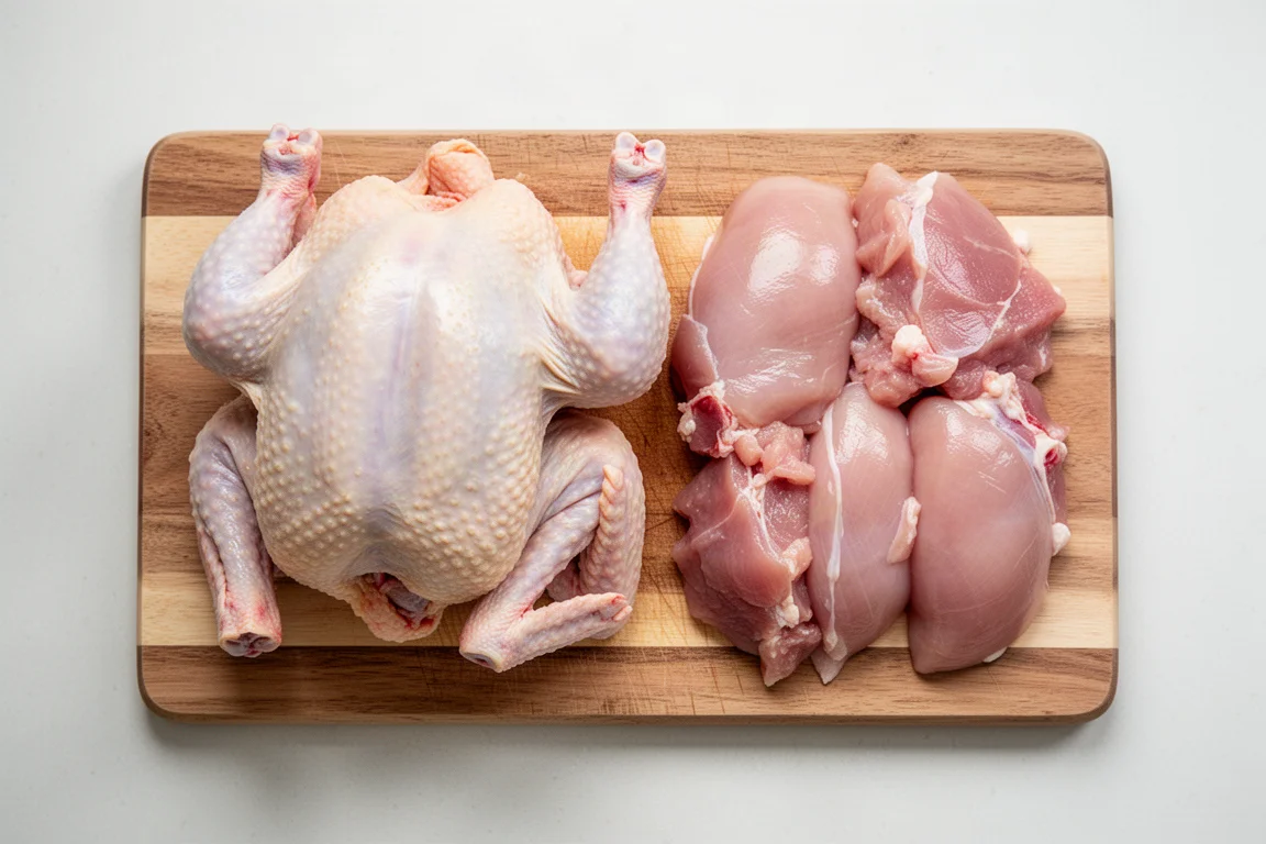 Boned-out chicken carcass on a cutting board after butchery