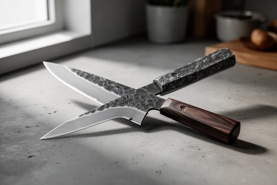 Hand-forged honesuki boning knife with layered cladding and wooden handle on concrete surface