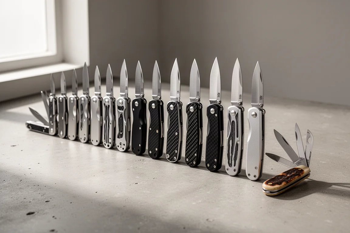 A lineup of sixteen folding pocket knives of different sizes on a concrete surface
